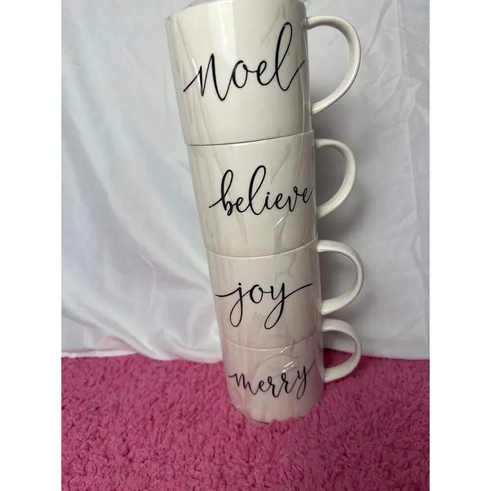 Set 4 Large Holiday Christmas Coffee Mugs Cups White Black‎ Words Letters
